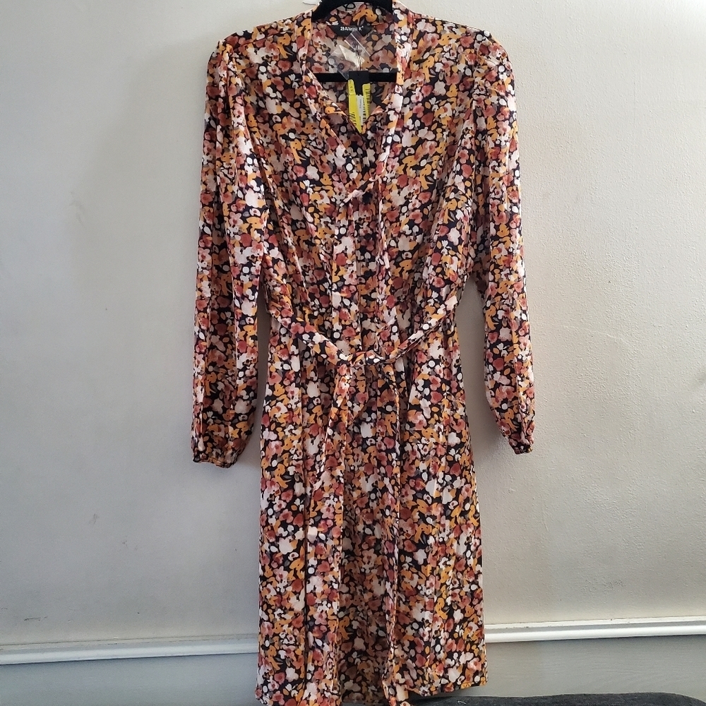 Meadow Ditsy Print Dress Long Sleeve Size Large Modest Neck Ties Collared